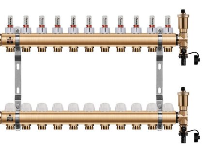Podlahový rozdeľovač WIGELL, 11 okruhov, mosadzný + automatické odvzdušňovanie