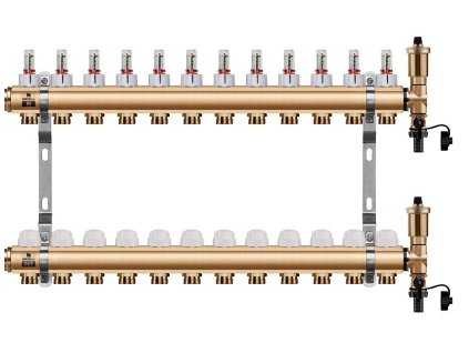 Podlahový rozdeľovač WIGELL, 12 okruhov, mosadzný + automatické odvzdušňovanie