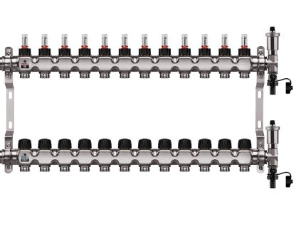 Podlahový rozdeľovač WIGELL, 12 okruhov, nerez + automatické odvzdušňovanie