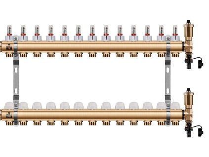 Podlahový rozdeľovač WIGELL, 13 okruhov, mosadzný + automatické odvzdušňovanie
