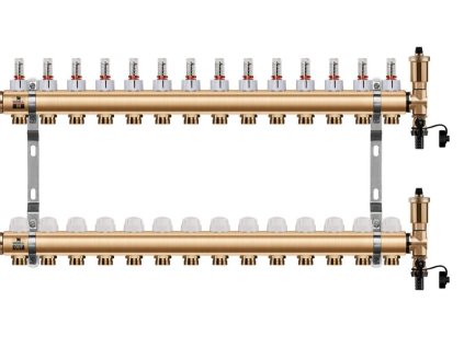 Podlahový rozdeľovač WIGELL, 14 okruhov, mosadzný + automatické odvzdušňovanie
