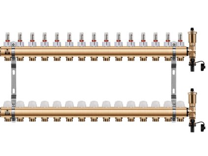 Podlahový rozdeľovač WIGELL, 15 okruhov, mosadzný + automatické odvzdušňovanie