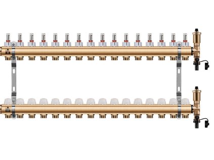 Podlahový rozdeľovač WIGELL, 16 okruhov, mosadzný + automatické odvzdušňovanie