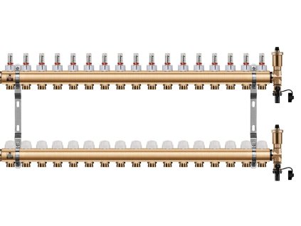 Podlahový rozdeľovač WIGELL, 17 okruhov, mosadzný + automatické odvzdušňovanie