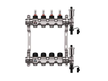 Podlahový rozdeľovač WIGELL, 4 okruhy, nerez + automatické odvzdušňovanie