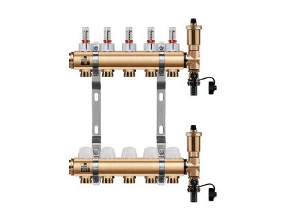 Podlahový rozdeľovač WIGELL, 5 okruhov, mosadzný + automatické odvzdušňovanie