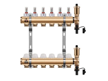 Podlahový rozdeľovač WIGELL, 6 okruhov, mosadzný + automatické odvzdušňovanie