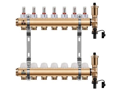 Podlahový rozdeľovač WIGELL, 7 okruhov, mosadzný + automatické odvzdušňovanie