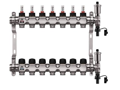 Podlahový rozdeľovač WIGELL, 7 okruhov, nerez + automatické odvzdušňovanie