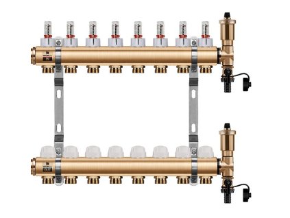 Podlahový rozdeľovač WIGELL, 8 okruhov, mosadzný + automatické odvzdušňovanie