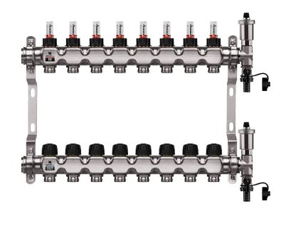 Podlahový rozdeľovač WIGELL, 8 okruhov, nerez + automatické odvzdušňovanie