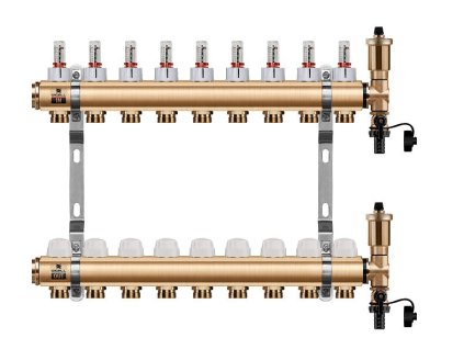 Podlahový rozdeľovač WIGELL, 9 okruhov, mosadzný + automatické odvzdušňovanie