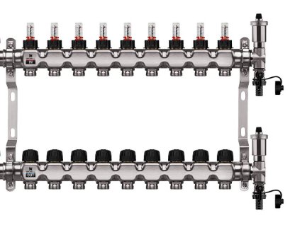 Podlahový rozdeľovač WIGELL, 9 okruhov, nerez + automatické odvzdušňovanie