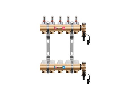 Podlahový rozdeľovač WIGELL, 5 okruhov, mosadzný + odvzdušňovanie na kľúč