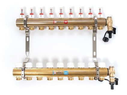 Podlahový rozdeľovač WIGELL, 9 okruhov, mosadzný + odvzdušňovanie na kľúč
