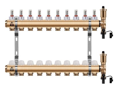 Podlahový rozdeľovač WIGELL, 10 okruhov, mosadzný + automatické odvzdušňovanie